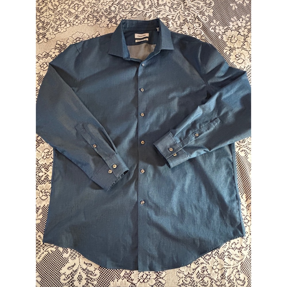 Calvin Klein Infinite Wrinkle Free Dress Shirt Mens 17 32/33 XL Slim Fit Blue